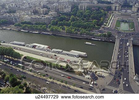 Europe, Paris, Ile de France, France, Aerial view of Jardins du Trocadero along the Seine River looking Northwest from the Eiffel Tower. View Large Photo Image Stock Photo - Europe, Paris, Ile de France, France, Aerial view of Jardins du Trocadero along the Seine River looking Northwest from the Eiffel Tower.. Fotosearch