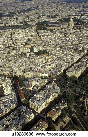 Stock Photograph -  Europe, Paris, Ile de France, France, Aerial view of the city of Paris looking East from the Eiffel Tower.. Fotosearch