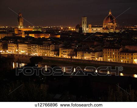 Stock Photograph -  Florence, Tuscany, Italy, Firenza, Toscana, Europe, Scenic view of the city of Florence in the evening.. Fotosearch