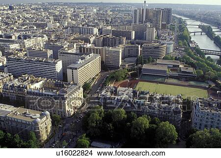 Picture -  France, Paris, Ile de France, Europe, Aerial view of the city of Paris looking West from the Eiffel Tower.. Fotosearch