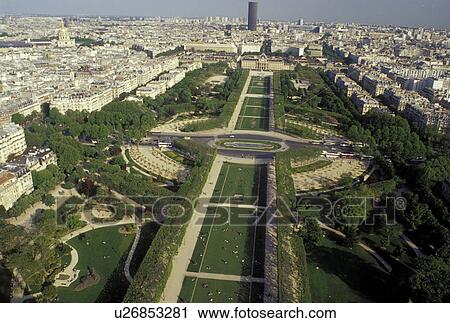 France, Paris, Ile de France, Europe, Aerial view of Parc du Champ de Mars in the city of Paris looking Southeast from the Eiffel Tower. View Large Photo Image Stock Image - France, Paris, Ile de France, Europe, Aerial view of Parc du Champ de Mars in the city of Paris looking Southeast from the Eiffel Tower.. Fotosearch