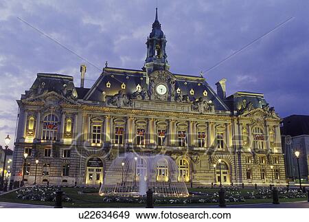 Stock Photo -  France, Tours, Indre-et-Loire, Loire Valley, Loire Castle Region, Centre, Europe, City Hall in the city of Tours in the evening.. Fotosearch
