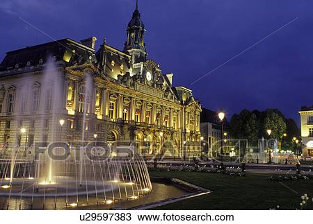 Stock Image -  France, Tours, Loire Valley, Loire Castle Region, Indre-et-Loire, Centre, Europe, Hotel de Ville, City Hall in the city of Tours in the evening.. Fotosearch