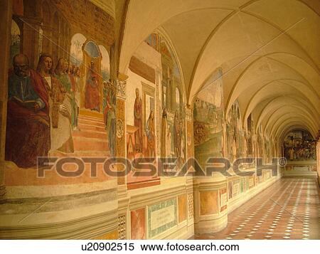 frescoes, abbey, Tuscany, Italy, Buonconvento, Monte Oliveto Maggiore, Toscana, Europe, Frescoes inside the arcade of the Abbazia di Monte Oliveto Maggiore. View Large Photo Image Stock Photography - frescoes, abbey, Tuscany, Italy, Buonconvento, Monte Oliveto Maggiore, Toscana, Europe, Frescoes inside the arcade of the Abbazia di Monte Oliveto Maggiore.. Fotosearch