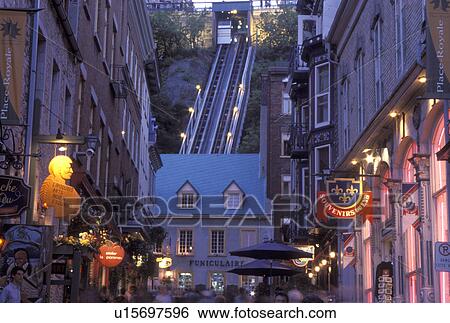 Stock Photograph -  funicular, Quebec City, Canada, Quebec, Funicular in Quartier Petit-Champlain in the evening in Vieux Quebec (Old Quebec).. Fotosearch