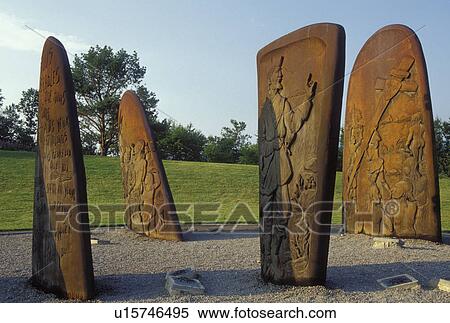 Stock Photography -  Gaspe Peninsula, Gaspe, Quebec, Canada, Gulf of St. Lawrence, Jacques Cartier Monument, commemorating the French explorer's landing, at the Gaspesie Museum (Musee de la Gaspesie) in Gaspe on the Gaspe Peninsula.. Fotosearch