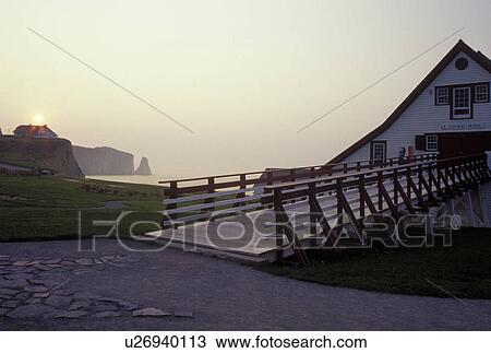 Stock Image -  Gaspe Peninsula, Perce, Quebec, Canada, Gulf of St. Lawrence, Le Chafaud Museum along the Gulf of St. Lawrence in Perce on Gaspe Peninsula in Quebec.. Fotosearch