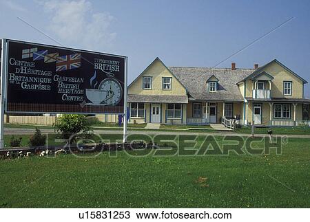 Stock Image -  Gaspe Peninsula, Quebec, New Richmond, Canada, Gulf of St. Lawrence, Gaspesian British Heritage Center (Centre d'Heritage Britannique de la Gaspesie) on the Gaspe Peninsula along the Baie des Chaleurs in New Richmond.. Fotosearch