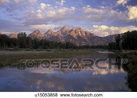 Stock Photo -  Grand Teton National Park, Jackson Hole, WY, Wyoming, Scenic view of the Grand Tetons from the Snake River in Grand Teton Nat'l Park.. Fotosearch