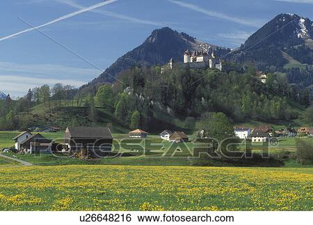 Gruyeres, Chateau de Gruyeres, Switzerland, Fribourg, Europe, Chateau de Gruyeres a 13th century castle in a fortified medieval town situated on top of a hill in the spring in the Canton of Fribourg. View Large Photo Image Stock Photograph - Gruyeres, Chateau de Gruyeres, Switzerland, Fribourg, Europe, Chateau de Gruyeres a 13th century castle in a fortified medieval town situated on top of a hill in the spring in the Canton of Fribourg. . Fotosearch