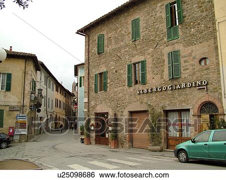 Stock Photograph -  hotel, Tuscany, Italy, Montalcino, Toscana, Europe, Albergo in the medieval town of Montalcino in Tuscany.. Fotosearch