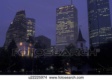 Houston, TX, Texas, downtown, Sam Houston Park, evening View Large Photo Image Picture - Houston, TX, Texas, downtown, Sam Houston Park, evening. Fotosearch