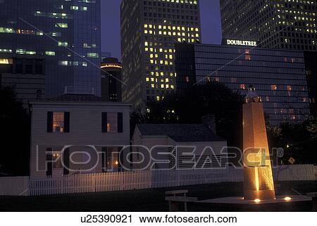 Stock Image -  Houston, TX, Texas, downtown, Sam Houston Park, Rice Cherry House, evening. Fotosearch