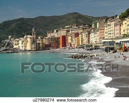 Picture -  Italy, Camogli, Riviera di Levante, Liguria, Ligurian Riviera, Europe, The beach along the waterfront of the resort town of Camogli along the Ligurian Sea.. Fotosearch