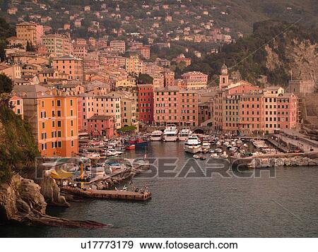 Stock Photo -  Italy, Camogli, Riviera di Levante, Liguria, Ligurian Riviera, Europe, Scenic view of the fishing port in the resort town of Camogli along the Ligurian Sea.. Fotosearch