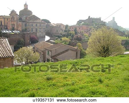 Stock Image -  Italy, Lazio, Tuscania, Europe, View of the village of Tuscania.. Fotosearch
