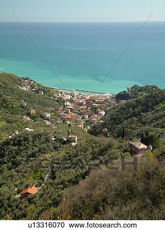 Italy, Liguria, Moneglia, Riviera di Levante, Ligurian Riviera, Europe, Scenic aerial view of the town of Moneglia along the Ligurian Sea. View Large Photo Image Stock Image - Italy, Liguria, Moneglia, Riviera di Levante, Ligurian Riviera, Europe, Scenic aerial view of the town of Moneglia along the Ligurian Sea.. Fotosearch
