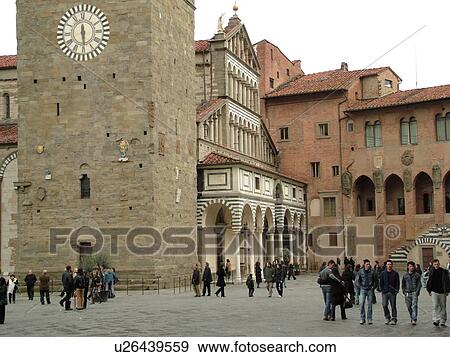 Stock Photo -  Italy, Pistoia, Toscana, Tuscany, Europe, The Campanile (bell tower) of the Cathedrale di San Zeno in Piazza del Duomo in the city of Pistoia.. Fotosearch
