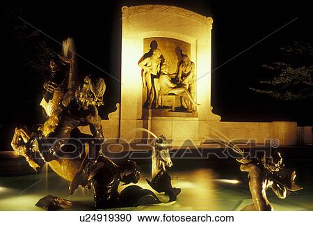 Stock Image -  Jefferson City, MO, Missouri, Fountain on the State Capitol grounds, evening. Fotosearch