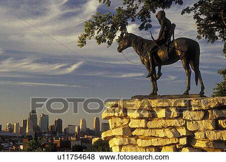 Kansas City, MO, Missouri, Penn Valley Park, American Indian Memorial, The Scout, view of the city. View Large Photo Image Stock Photo - Kansas City, MO, Missouri, Penn Valley Park, American Indian Memorial, The Scout, view of the city.. Fotosearch