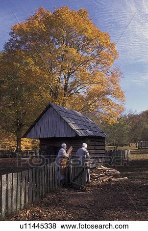 Stock Photo -  KY, Kentucky, The Land Between the Lakes National Recreation Area, The Homeplace-1850 Living History Farm, women in authentic dress. Fotosearch