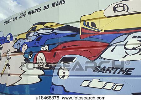 Stock Photography -  Le Mans, France, Pays de la Loire, Sarthe, Europe, Mural of the famous 24 hour Auto Race mural. Fotosearch