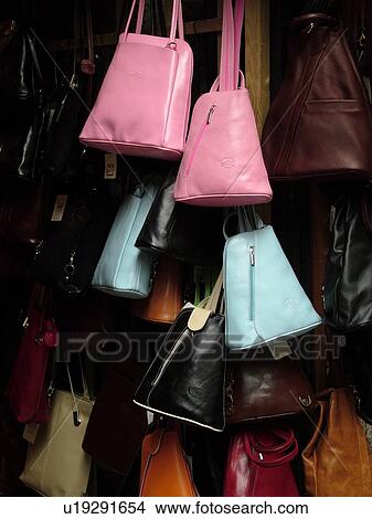 Picture -  leather, Tuscany, Italy, San Gimignano, Toscana, Europe, Leather goods displayed at a local store in the medieval town of San Gimignano.. Fotosearch