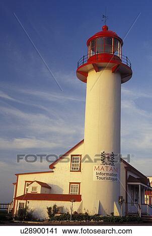 Stock Image -  lighthouse, Canada, Matane, Gaspesie, Quebec, Matane Lighthouse and tourist information along the St. Lawrence River (Fleuve Saint-Laurent) at Matane.. Fotosearch