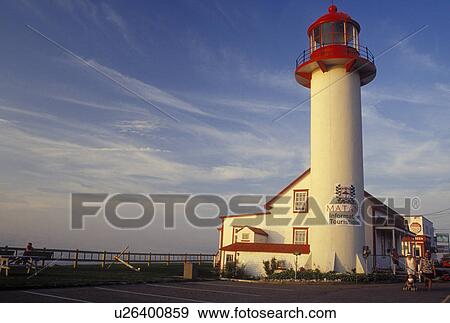 Stock Photo -  lighthouse, Canada, Matane, Gaspesie, Quebec, Matane Lighthouse and tourist information along the St. Lawrence River (Fleuve Saint-Laurent) at Matane.. Fotosearch