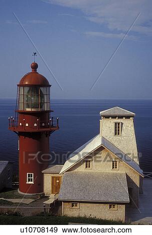 Stock Photo -  lighthouse, Gaspe Peninsula, Quebec, Pointe-a-la-Renommee, Canada, Gulf of St. Lawrence, The red Pointe-a-la-Renommee Lighthouse on the Gaspe Peninsula along the St. Lawrence River in Quebec.. Fotosearch