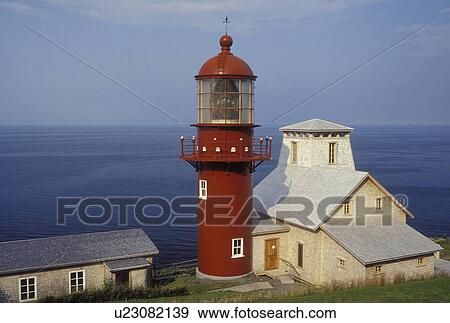 Stock Photo -  lighthouse, Gaspe Peninsula, Quebec, Pointe-a-la-Renommee, Canada, Gulf of St. Lawrence, The red Pointe-a-la-Renommee Lighthouse on the Gaspe Peninsula along the St. Lawrence River in Quebec.. Fotosearch