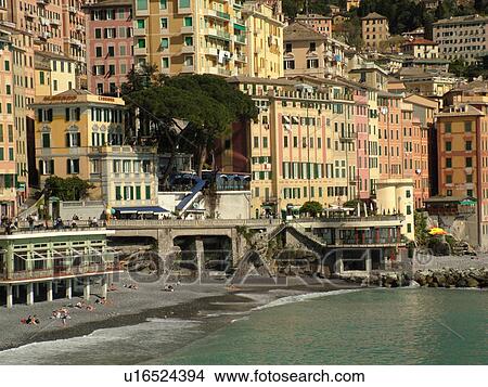 Picture -  Liguria, Italy, Camogli, Riviera di Levante, Ligurian Riviera, Europe, The waterfront of the resort town of Camogli along the Ligurian Sea.. Fotosearch