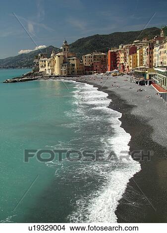 Picture -  Liguria, Italy, Camogli, Riviera di Levante, Ligurian Riviera, Europe, The beach along the waterfront of the resort town of Camogli along the Ligurian Sea.. Fotosearch
