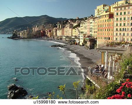Stock Image -  Liguria, Italy, Camogli, Riviera di Levante, Ligurian Riviera, Europe, Scenic view of the waterfront of the resort town of Camogli along the Ligurian Sea.. Fotosearch
