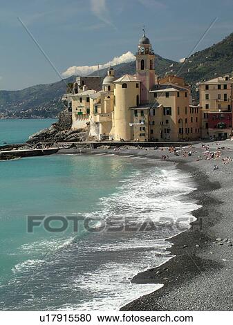 Liguria, Italy, Camogli, Riviera di Levante, Ligurian Riviera, Europe, The beach along the waterfront of the resort town of Camogli along the Ligurian Sea. View Large Photo Image Stock Image - Liguria, Italy, Camogli, Riviera di Levante, Ligurian Riviera, Europe, The beach along the waterfront of the resort town of Camogli along the Ligurian Sea.. Fotosearch