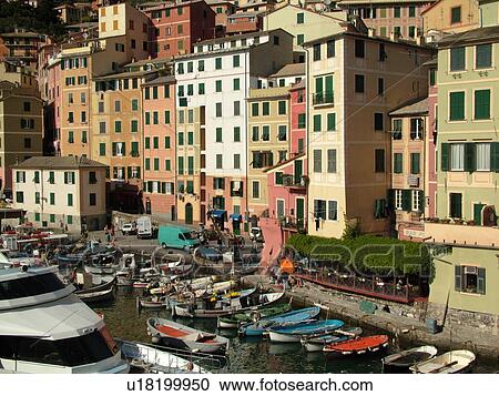 Stock Image -  Liguria, Italy, Camogli, Riviera di Levante, Ligurian Riviera, Europe, Fishing boats docked along the waterfront of the fishing port in the resort town of Camogli along the Ligurian Sea.. Fotosearch