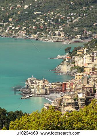 Stock Photo -  Liguria, Italy, Camogli, Riviera di Levante, Ligurian Riviera, Europe, Scenic view of the resort town of Camogli along the Ligurian Sea.. Fotosearch