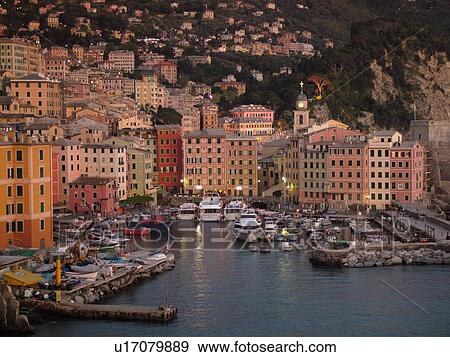 Liguria, Italy, Camogli, Riviera di Levante, Ligurian Riviera, Europe, Scenic view of the fishing port in the resort town of Camogli at sunset along the Ligurian Sea. View Large Photo Image Stock Photo - Liguria, Italy, Camogli, Riviera di Levante, Ligurian Riviera, Europe, Scenic view of the fishing port in the resort town of Camogli at sunset along the Ligurian Sea.. Fotosearch