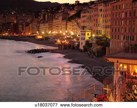 Liguria, Italy, Camogli, Riviera di Levante, Ligurian Riviera, Europe, Scenic view of the waterfront of the resort town of Camogli in the evening along the Ligurian Sea. View Large Photo Image Stock Photo - Liguria, Italy, Camogli, Riviera di Levante, Ligurian Riviera, Europe, Scenic view of the waterfront of the resort town of Camogli in the evening along the Ligurian Sea.. Fotosearch