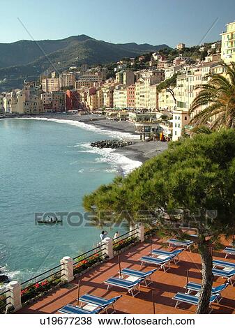 Liguria, Italy, Camogli, Riviera di Levante, Ligurian Riviera, Europe, Scenic view of the waterfront of the resort town of Camogli from the terrace of a resort hotel along the Ligurian Sea. View Large Photo Image Stock Photo - Liguria, Italy, Camogli, Riviera di Levante, Ligurian Riviera, Europe, Scenic view of the waterfront of the resort town of Camogli from the terrace of a resort hotel along the Ligurian Sea.. Fotosearch