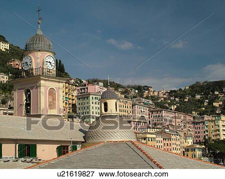 Liguria, Italy, Camogli, Riviera di Levante, Ligurian Riviera, Europe, Rooftops and pastel-coloured buildings in the resort town of Camogli along the Ligurian Sea. View Large Photo Image Stock Photo -  Liguria, Italy, Camogli, Riviera di Levante, Ligurian Riviera, Europe, Rooftops and pastel-coloured buildings in the resort town of Camogli along the Ligurian Sea.. Fotosearch