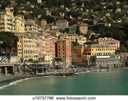Liguria, Italy, Camogli, Riviera di Levante, Ligurian Riviera, Europe, The waterfront of the resort town of Camogli along the Ligurian Sea. View Large Photo Image Stock Photograph - Liguria, Italy, Camogli, Riviera di Levante, Ligurian Riviera, Europe, The waterfront of the resort town of Camogli along the Ligurian Sea.. Fotosearch