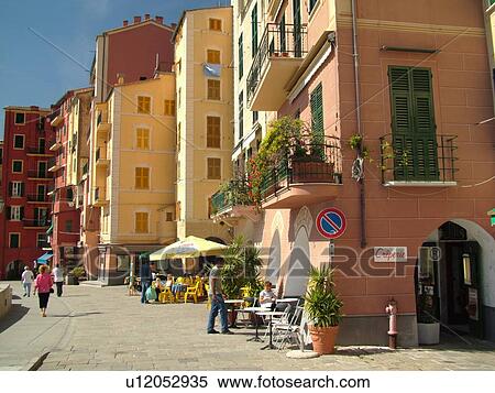 Stock Photography -  Liguria, Italy, Camogli, Riviera di Levante, Ligurian Riviera, Europe, Outdoor cafTs along the waterfront of the resort town of Camogli along the Ligurian Sea.. Fotosearch