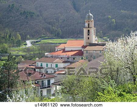 Stock Image -  Liguria, Italy, Carrodano-Inferiore, Europe, Scenic view of the village of Carrodano-Inferiore.. Fotosearch