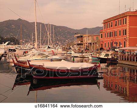 Picture -  Liguria, Italy, Santa Margherita Ligure, Riviera di Levante, Ligurian Riviera, Europe, Boats docked at the marina along the waterfront of the resort town of Santa Margherita Ligure along the Ligurian Sea.. Fotosearch