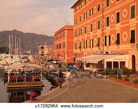 Picture -  Liguria, Italy, Santa Margherita Ligure, Riviera di Levante, Ligurian Riviera, Europe, Waterfront on the harbor of the resort town of Santa Margherita Ligure on the Ligurian Sea.. Fotosearch