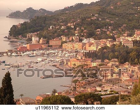 Stock Image -  Liguria, Italy, Santa Margherita Ligure, Riviera di Levante, Ligurian Riviera, Europe, Scenic view of the resort town of Santa Margherita Ligure along the Ligurian Sea.. Fotosearch
