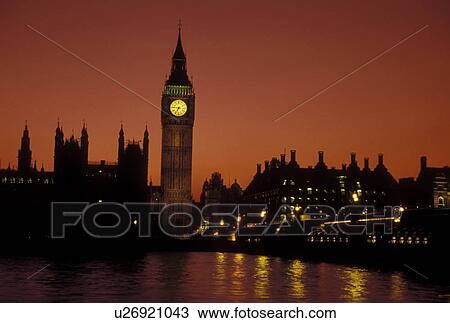 Stock Image -  London, England, Great Britain, United Kingdom, Europe, Houses of Parliament and Big Ben in Westminster along the River Thames in the evening. . Fotosearch