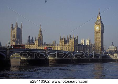 Stock Image -  London, England, Great Britain, United Kingdom, Europe, Parliament Buildings, Big Ben, and Westminster Bridge in Westminster along the River Thames. . Fotosearch