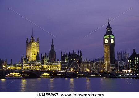 Stock Photo -  London, England, Great Britain, United Kingdom, Europe, Parliament Buildings, Big Ben, and Westminster Bridge in Westminster along the River Thames in the evening. . Fotosearch